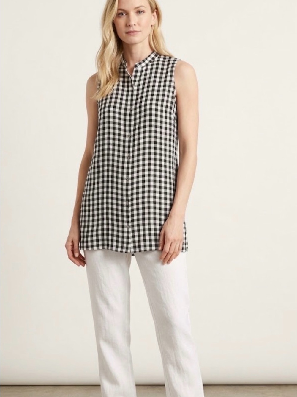 Eileen Fisher Mandarin Collar Gingham Organic Linen Tunic Top Sz L